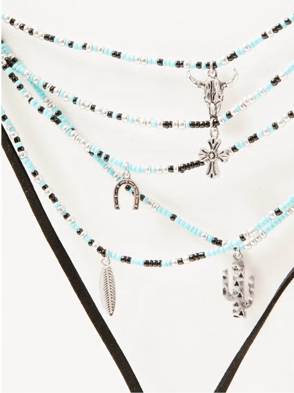 Shyanne LEATHER LAYERED TURQUOISE BEADED & SILVER CONCHO FRINGE necklace